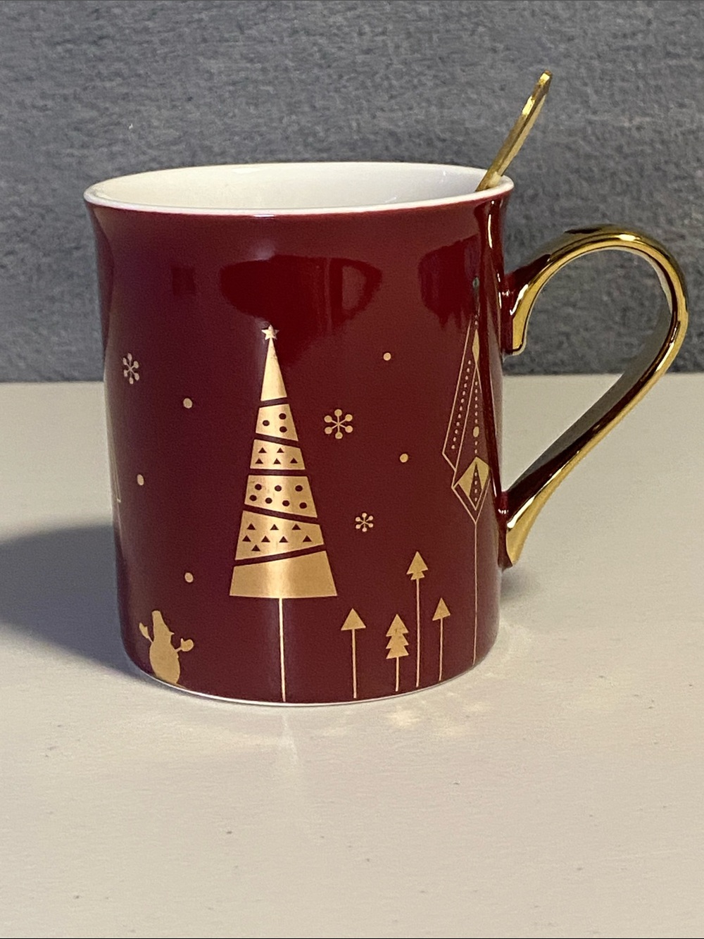 Burgundy Red and Gold Ceramic Christmas Mug with Gold Handle